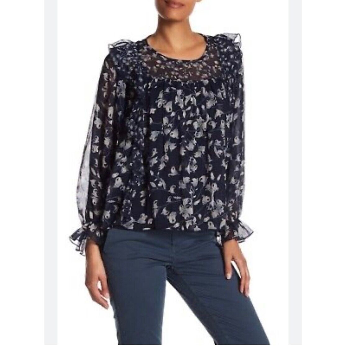 Lucky Brand 89 Sheer Printed TasselDetail Top Floral Blue Size 1x